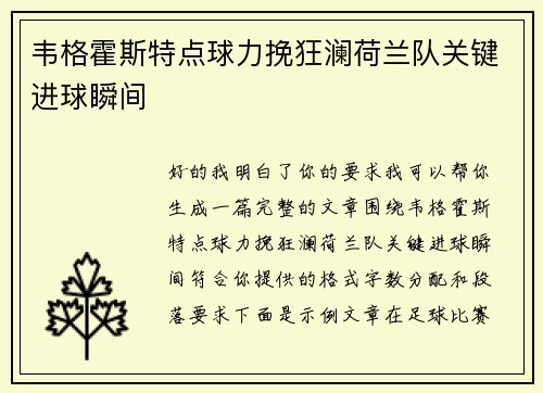 韦格霍斯特点球力挽狂澜荷兰队关键进球瞬间 韦格霍斯特点球力挽狂澜荷兰队关键进球瞬间