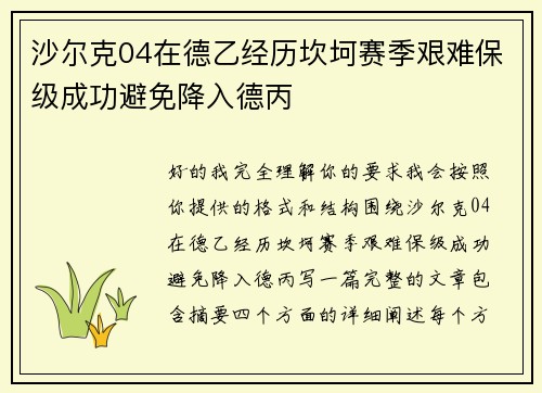 沙尔克04在德乙经历坎坷赛季艰难保级成功避免降入德丙