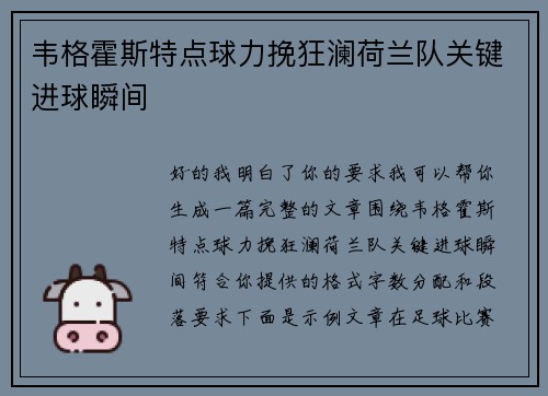 韦格霍斯特点球力挽狂澜荷兰队关键进球瞬间